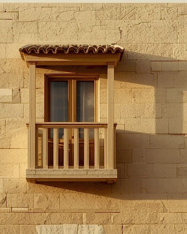 A traditional enclosed timber balcony on a Maltese limestone facade in late afternoon light.